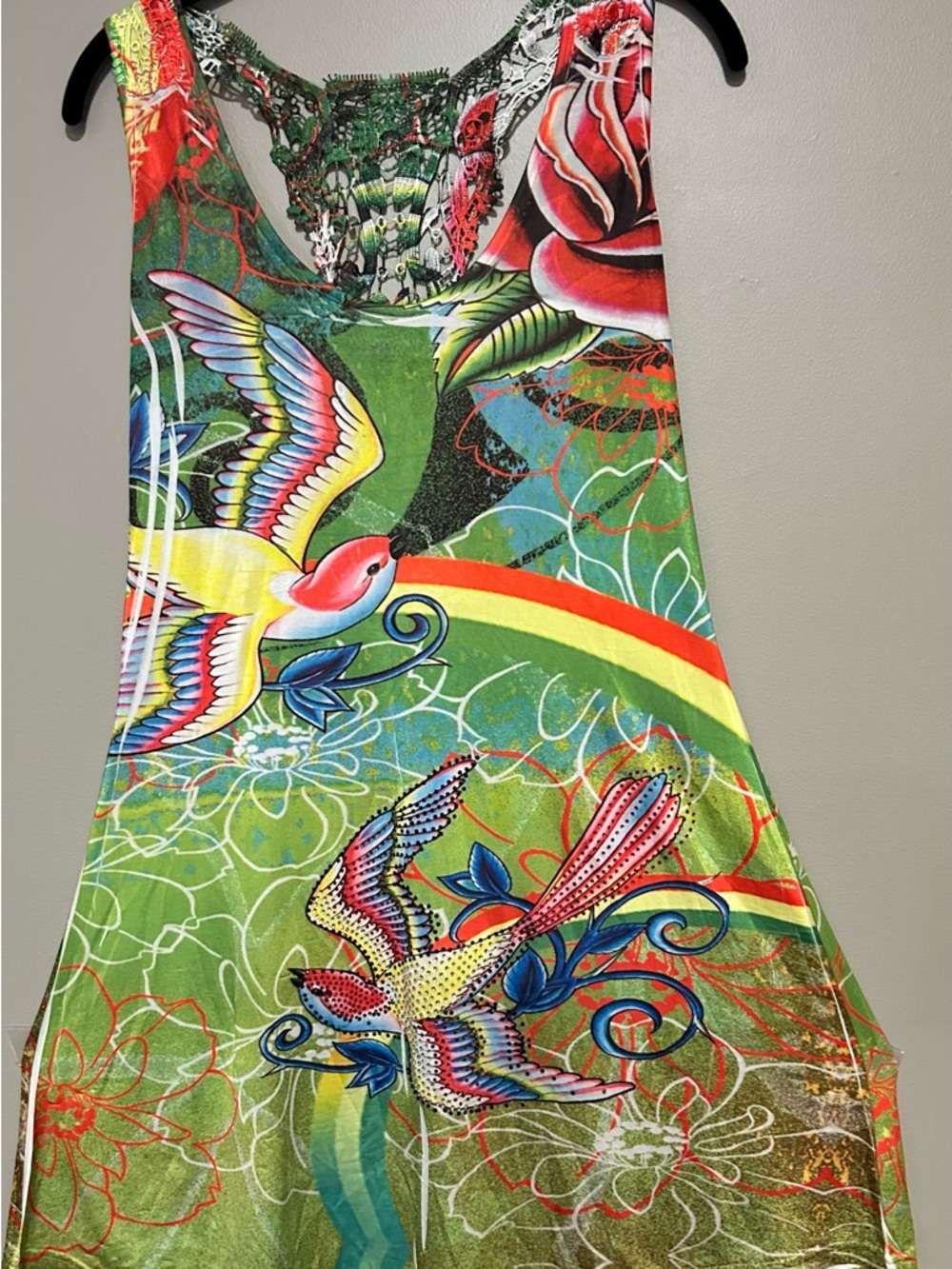 Vibrant Green Bird-Print Women's top with rhinestone embellishments
